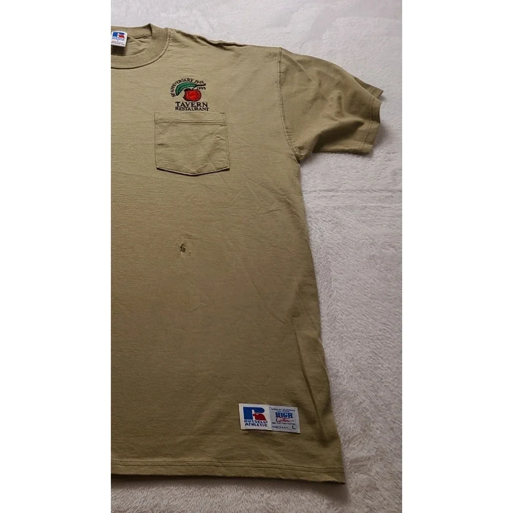 Vintage Russell Athletic High Cotton Pocket Men's T-shirt Tan Tavern Resto L